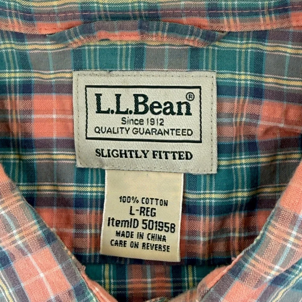 LL Bean Button Down Shirt Mens L Pink Green Plaid Cotton Short Sleeve Fitted